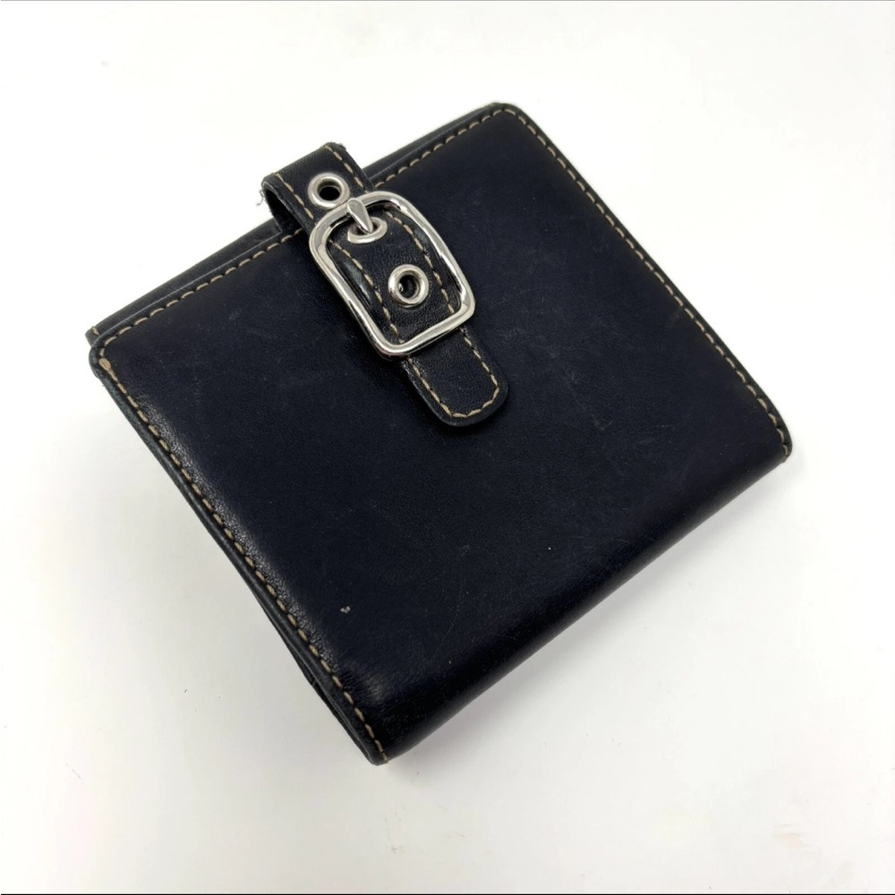 Vintage Coach Compact Buckle Bifold Small Wallet Black Leather Billfold Side